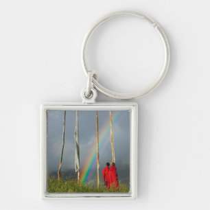 Bhutan, Gangtey village, Rainbow over two monks Keychain