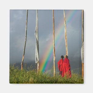 Bhutan, Gangtey village, Rainbow over two monks Magnet