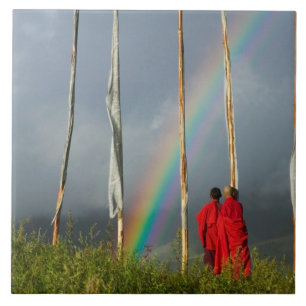 Bhutan, Gangtey village, Rainbow over two monks Tile