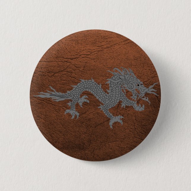 Bhutanese Dragon on Leather 2 Inch Round Button (Front)
