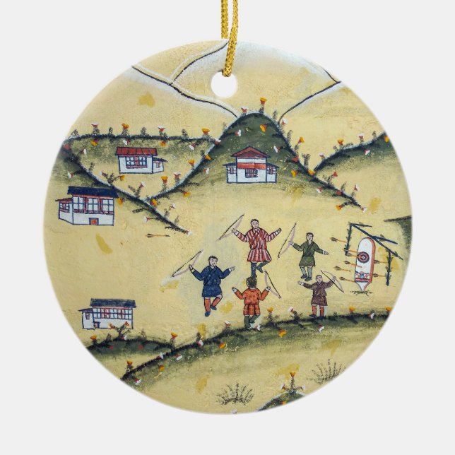 Bhutanese house with archery paintings - Bhutan Ceramic Ornament (Front)