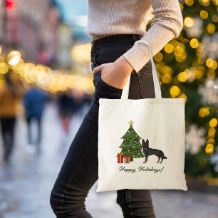 Bi-Black German Shepherd And Green Christmas Tree Tote Bag