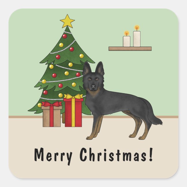 Bi-Black German Shepherd Christmas Tree With Text Square Sticker (Front)