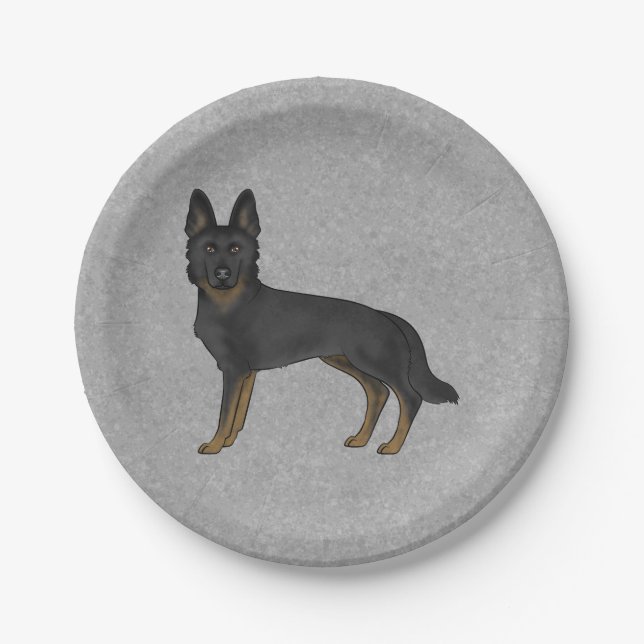 Bi-Black German Shepherd Cute Cartoon GSD Dog Grey Paper Plate (Front)