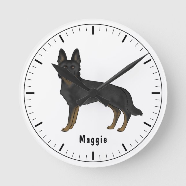Bi-Black German Shepherd Cute Dog With Custom Text Round Clock (Front)