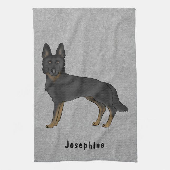 Bi-Black German Shepherd Dog And Custom Name Grey Kitchen Towel (Vertical)