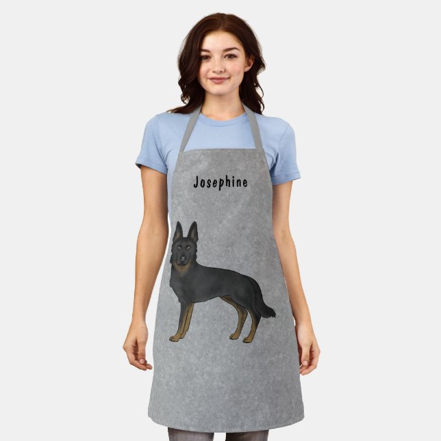 Bi-Black German Shepherd Dog And Custom Text Grey Apron (Worn)