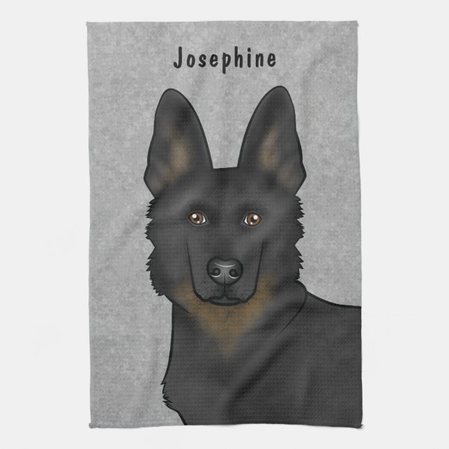 Bi-Black German Shepherd Dog Head And Name Grey Kitchen Towel (Vertical)
