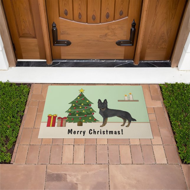 Bi-Black German Shepherd Festive Christmas Tree Doormat (Outdoor)