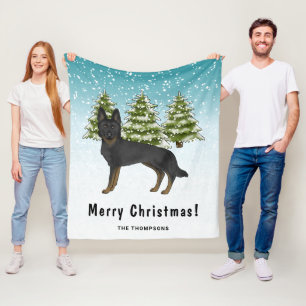 Bi-Black German Shepherd Winter Forest Family Name Fleece Blanket