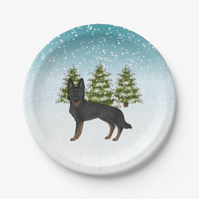 Bi-Black German Shepherd Winter Forest Trees Blue Paper Plate (Front)