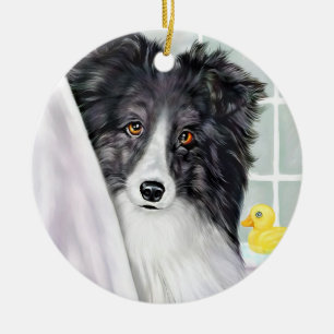 Bi Black Sheltie Bath Ceramic Ornament