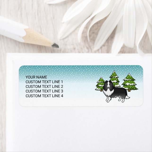 Bi-Black Sheltie Cartoon Dog In Winter & Text (Insitu)