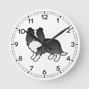 Bi-Black Shetland Sheepdog Cartoon Dog Drawing Round Clock