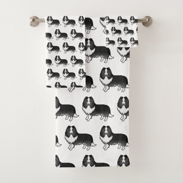 Bi-Black Shetland Sheepdog Cartoon Dog Pattern Bath Towel Set (Insitu)