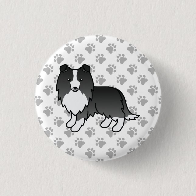 Bi-Black Shetland Sheepdog Cartoon Dog & Paws 1 Inch Round Button (Front)