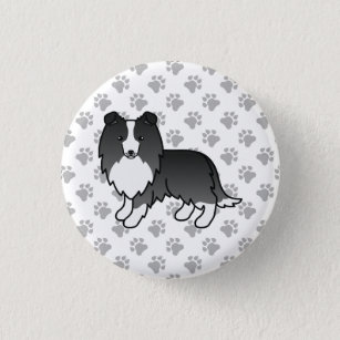 Bi-Black Shetland Sheepdog Cartoon Dog & Paws 1 Inch Round Button