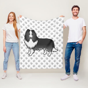 Bi-Black Shetland Sheepdog Cartoon Dog & Paws Fleece Blanket