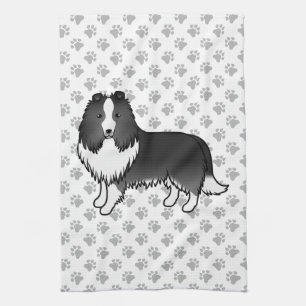 Bi-Black Shetland Sheepdog Cartoon Dog & Paws Kitchen Towel
