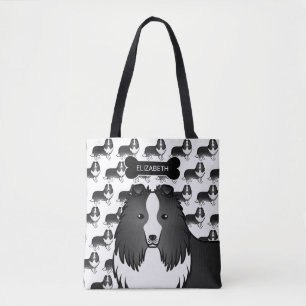 Bi-Black Shetland Sheepdog Dog And Bone & Name Tote Bag