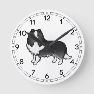 Bi-Black Shetland Sheepdog Sheltie Cartoon Dog Round Clock