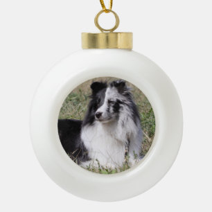 Bi Blue Merle Sheltie with Split Face Ceramic Ball Christmas Ornament