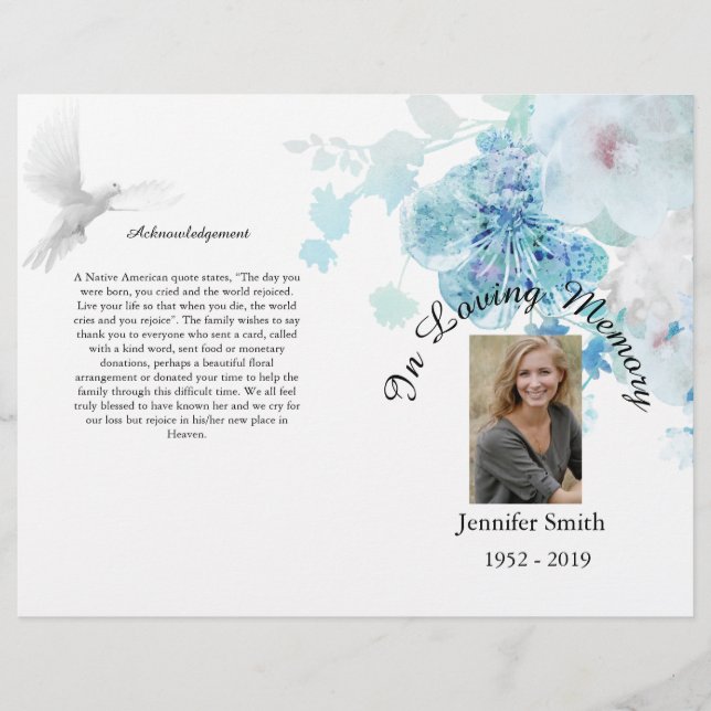 Bi-Fold Blue Floral Dove Funeral Program Flyer (Front)