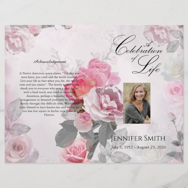 Bi-Fold Pink Roses Funeral Program Flyer (Front)