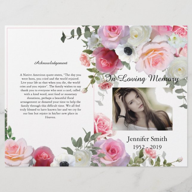 Bi-Fold Pink Roses Funeral Program Flyer (Front)