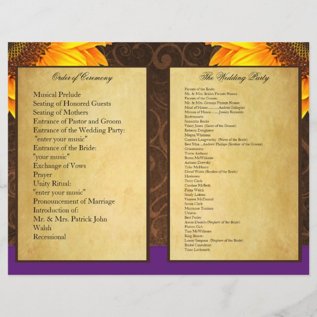 Bi Fold Purple Sunflower Mariage programmes de cér (Devant)