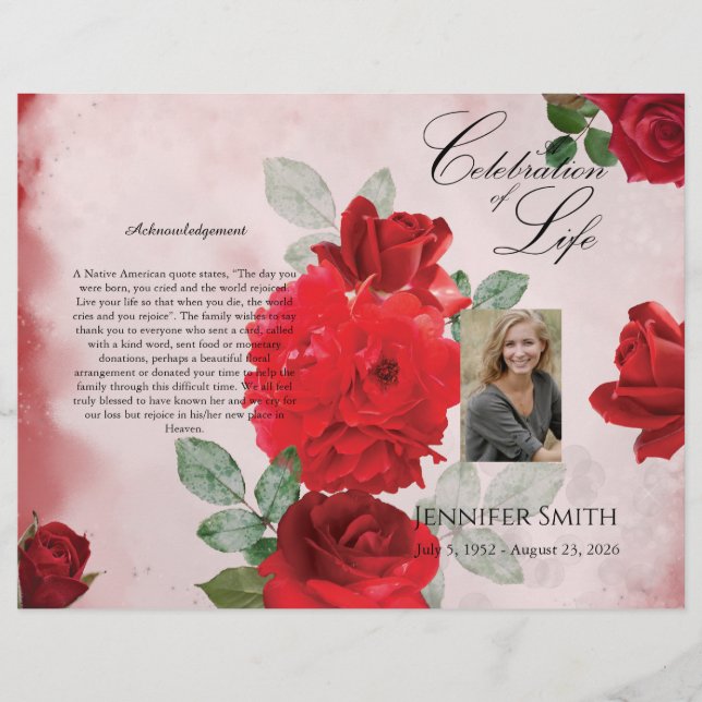 Bi-Fold Red Roses Funeral Program Flyer (Front)