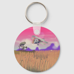 Bi-Plane Flying over crops under setting sun Keychain