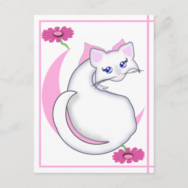 Bianca Toon Kitty Tickled Pinks w Flowers Postcard (Front)
