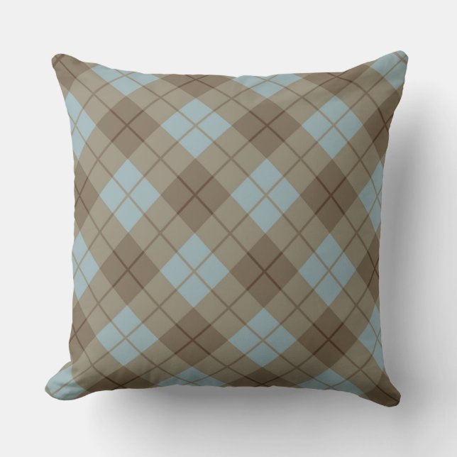 Bias Plaid in Blue and Brown Throw Pillow (Front)