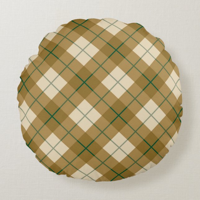 Bias Plaid in Gold with Green Stripe Round Pillow (Front)