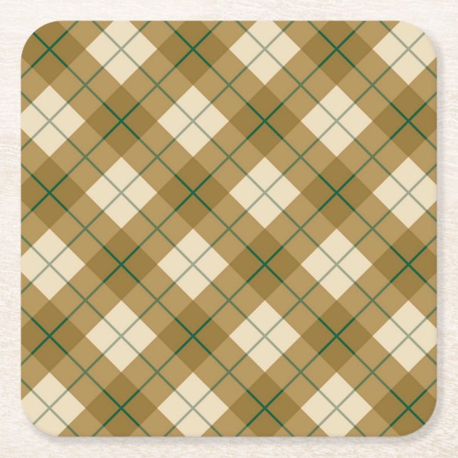 Bias Plaid in Gold with Green Stripe Square Paper Coaster (Front)
