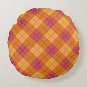 Bias Plaid in Orange and Pink Round Pillow
