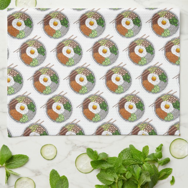 Bibimbap Korean Food Cooking Cuisine Rice Egg Dish Kitchen Towel