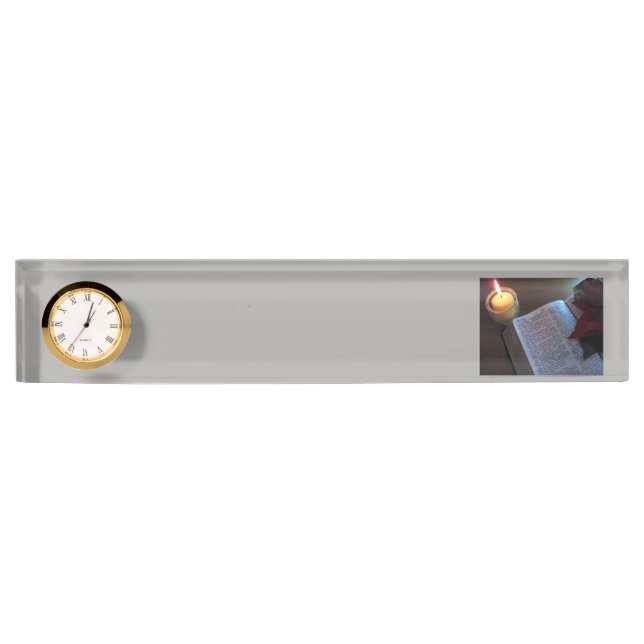 Bible and Candle Desk Nameplate with Clock (Front)