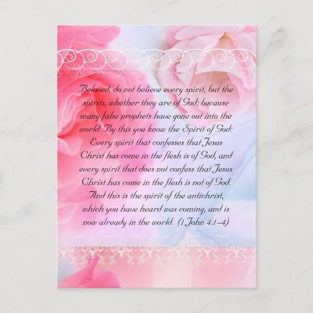 Bible passage, pink roses on blue postcard (Front)