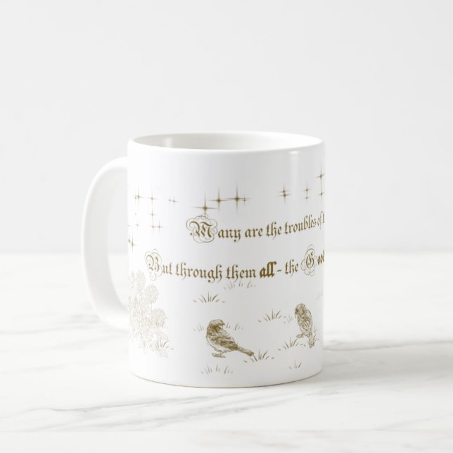 Bible Psalms Mug The Just Man - Birds floral stars (Front Left)