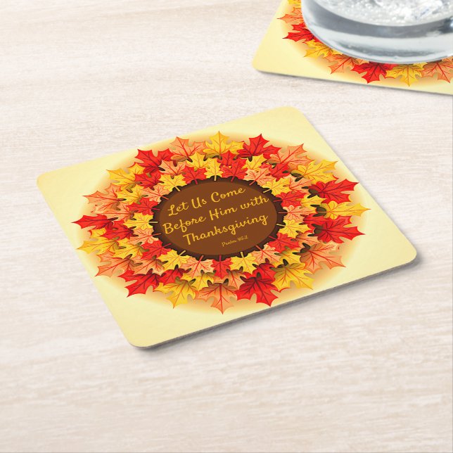 Bible Quote Autumn Leaves Thanksgiving Square Paper Coaster (Angled)
