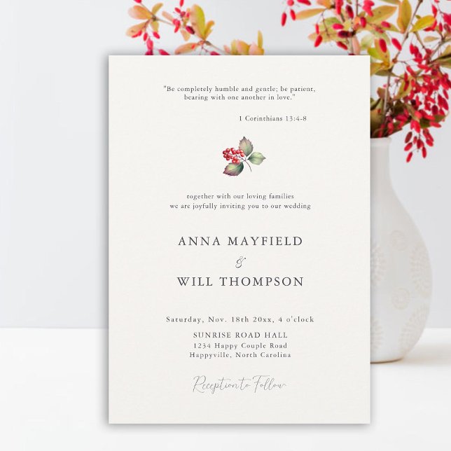 Bible Quote Minimal Winter Berries Elegant Wedding Invitation (bible quote elegant red berries winter wedding invitation watercolor traditional classic minimalist)