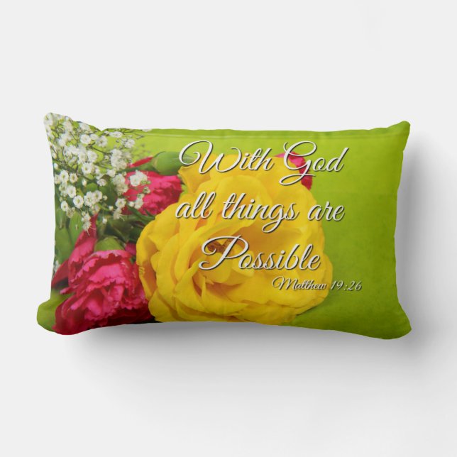 Bible Scripture Pink Yellow Roses Matthew 19:26 Lumbar Pillow (Front)
