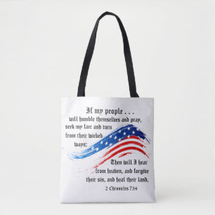 Bible Verse 2 Chronicles 7:14, USA Flag, Tote Bag