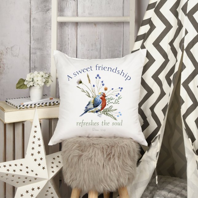Bible Verse ‘A Sweet Friendship’ Watercolor Bird  Throw Pillow (Creator Uploaded)
