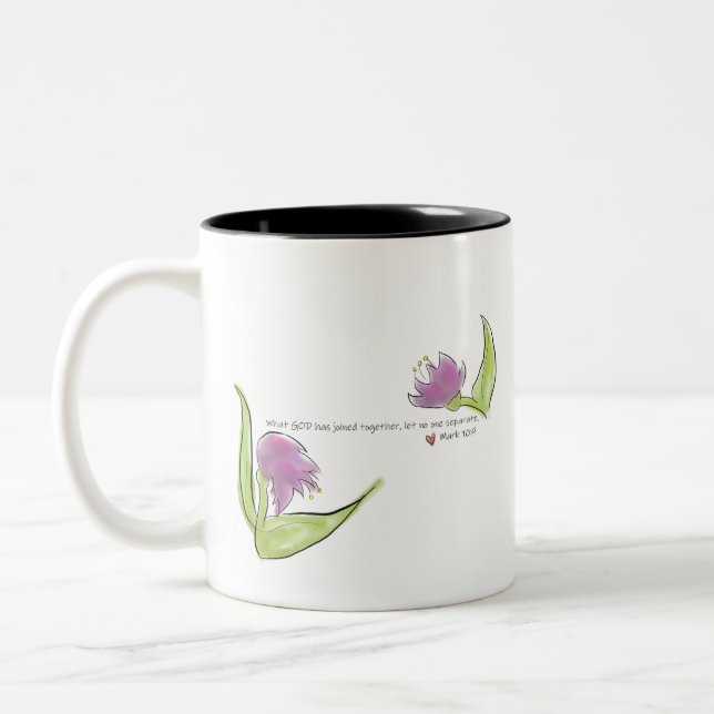 Bible Verse about Love w/Flowers Two-Tone Coffee Mug (Left)