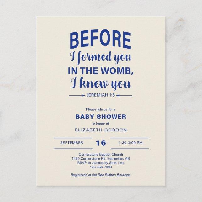 Bible Verse Baby Shower Before I formed you Womb Postcard (Front)