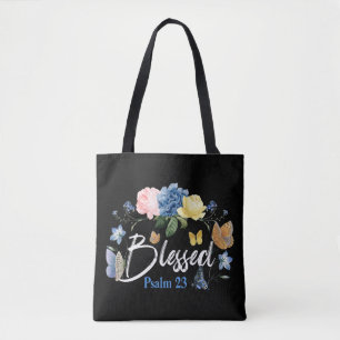 Bible Verse Blessed Psalm 23 Butterfly Rose Flower Tote Bag
