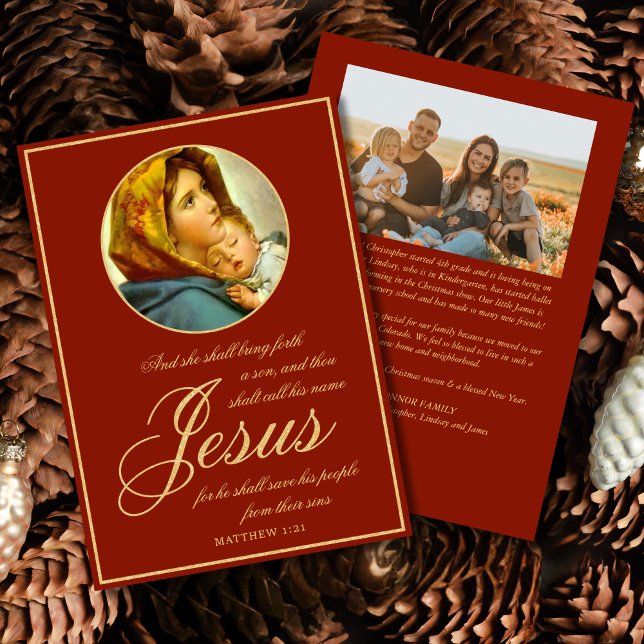 Bible Verse Carte religieuse de Noël avec photo (Religious Christmas card with Madonna and Child and Bible verse for Catholics and Christians)